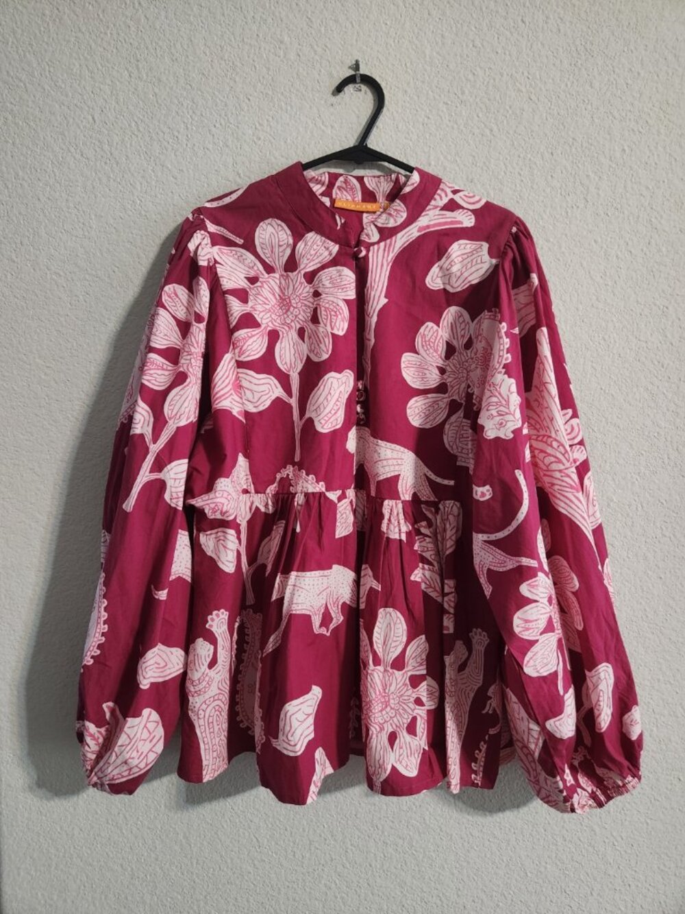 Oliphant Balloon Sleeve Blouse Lamu Magenta Woodcut print Top size medium